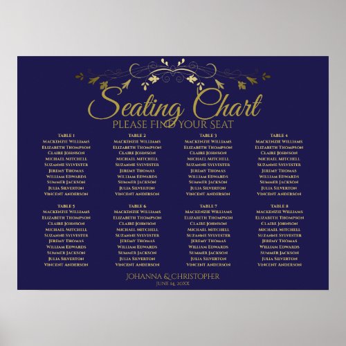 Elegant Gold  Navy 8 Table Wedding Seating Chart