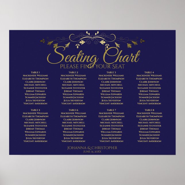 Elegant Gold & Navy 8 Table Wedding Seating Chart (Front)