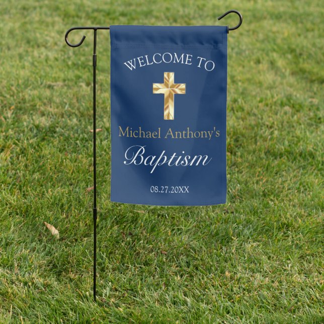 Elegant Gold Navy Baby Boy Baptism Welcome Garden Flag (In SItu)