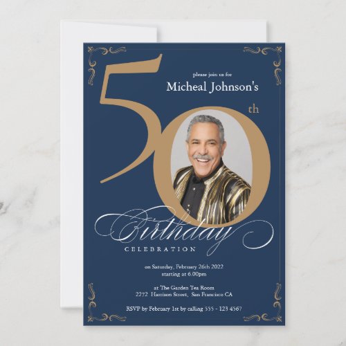 Elegant Gold Navy Blue 50th Birthday  Invitation