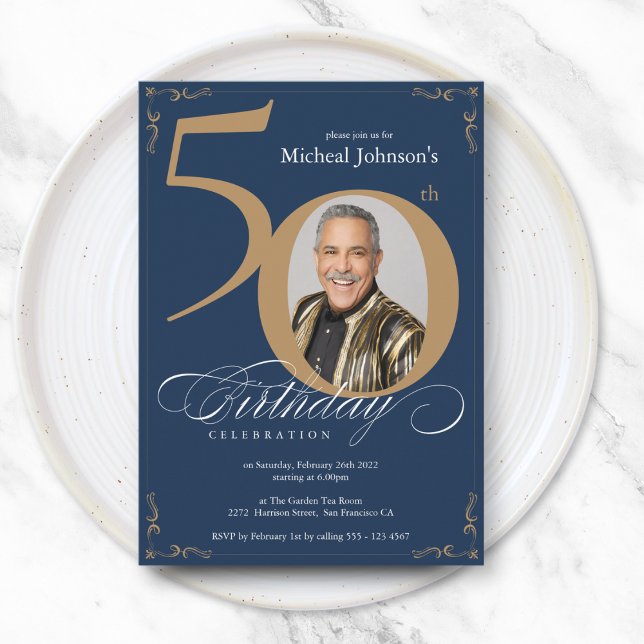 Elegant Gold Navy Blue 50th Birthday  Invitation (Elegant Gold Navy Blue 50th Birthday Invitation)