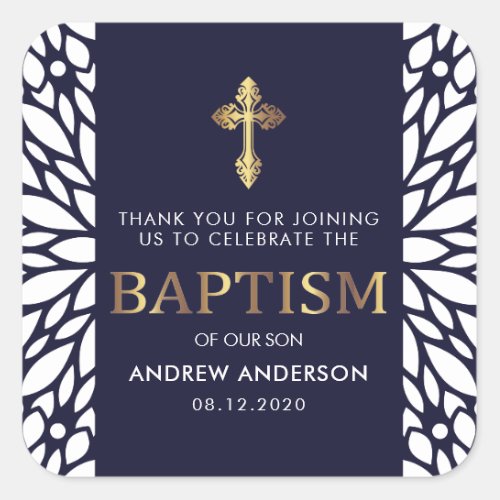 Elegant Gold  Navy Blue Baptism Thank You Square Sticker