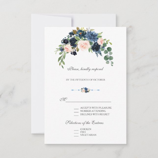 Elegant Gold Navy Blue Blush Flowers Bloom RSVP Card (Front)