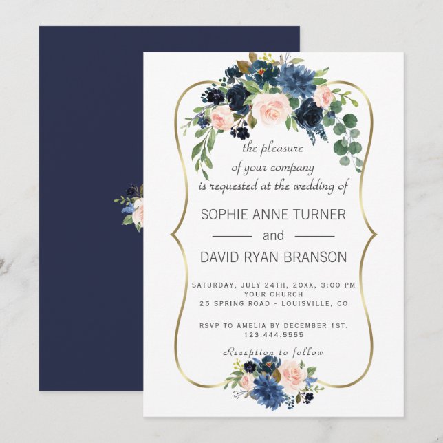 Elegant Gold Navy Blue Blush Flowers Bloom Wedding Invitation (Front/Back)