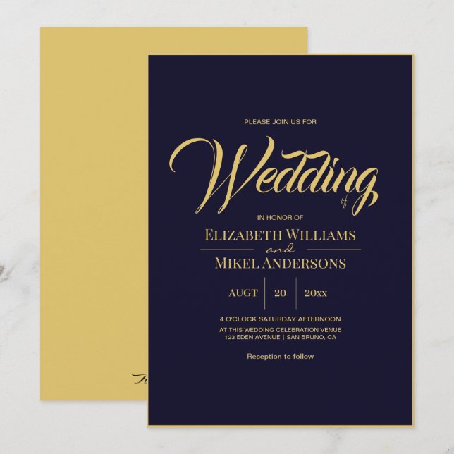 Elegant Gold Navy Blue Budget Wedding Invitation (Front/Back)