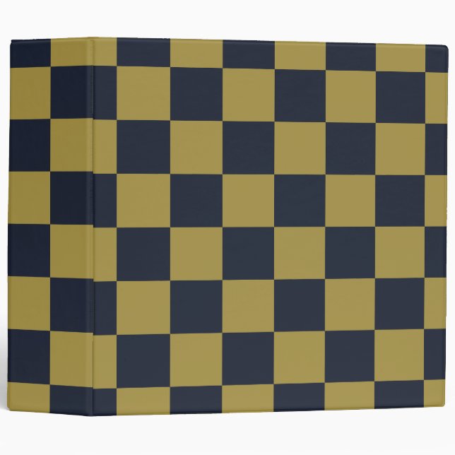 Elegant Gold & Navy Blue Checkered Pattern 3 Ring Binder (Front/Spine)