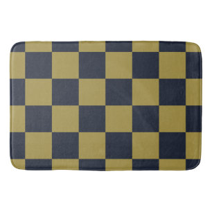 Elegant Gold & Navy Blue Checkered Pattern Bath Mat