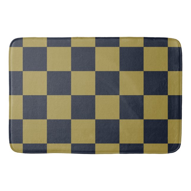 Elegant Gold & Navy Blue Checkered Pattern Bath Mat (Front)
