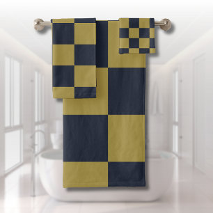 Elegant Gold & Navy Blue Checkered Pattern Bath Towel Set