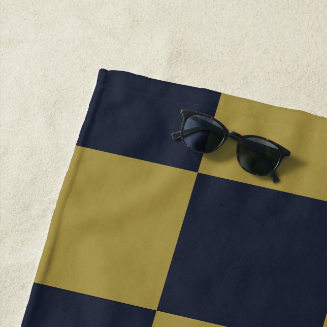 Elegant Gold & Navy Blue Checkered Pattern Beach Towel (In Situ)