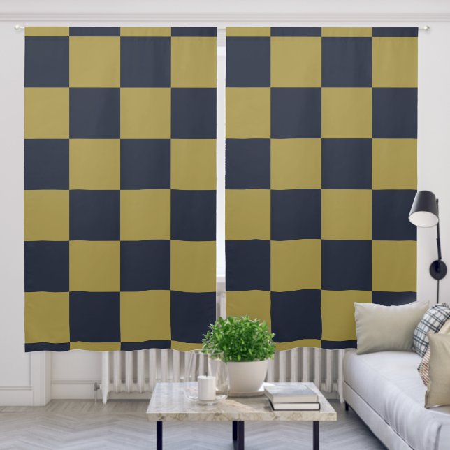 Elegant Gold & Navy Blue Checkered Pattern Blackout Curtains (Living Room)