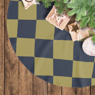 Elegant Gold & Navy Blue Checkered Pattern Brushed Polyester Tree Skirt