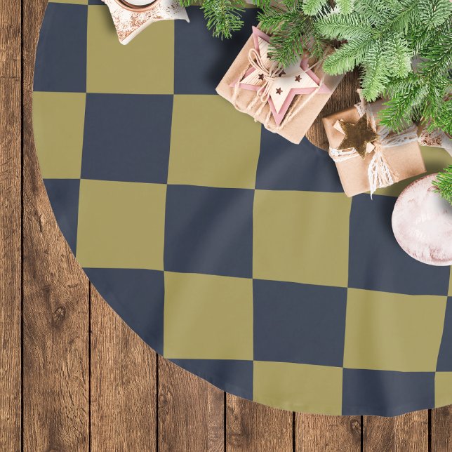 Elegant Gold & Navy Blue Checkered Pattern Brushed Polyester Tree Skirt (Creator Uploaded)