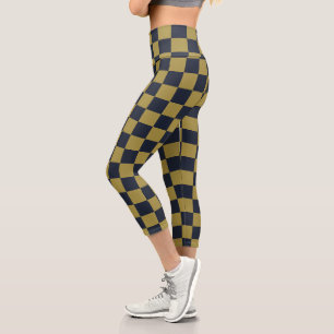 Elegant Gold & Navy Blue Checkered Pattern Capri Leggings