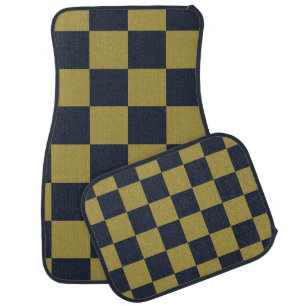 Elegant Gold & Navy Blue Checkered Pattern Car Floor Mat