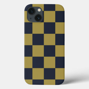 Elegant Gold & Navy Blue Checkered Pattern iPhone 13 Case