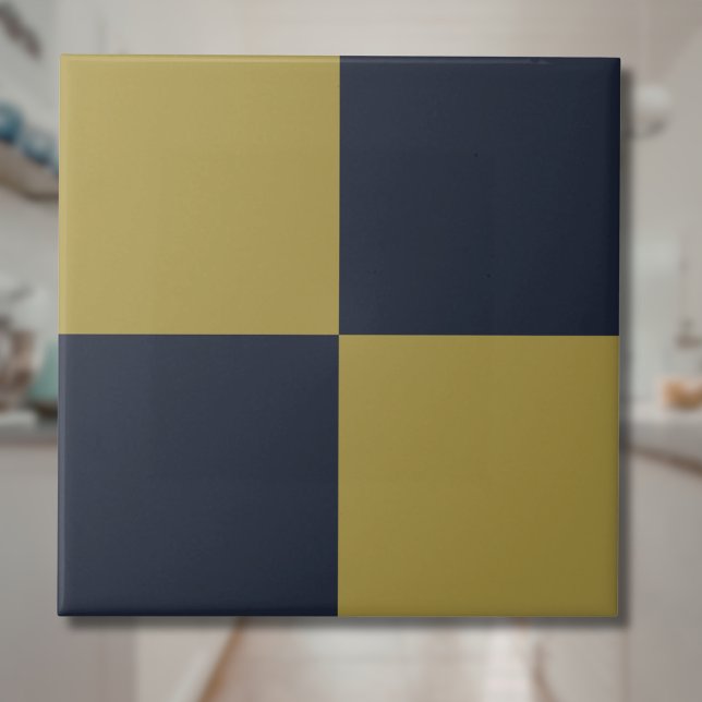 Elegant Gold & Navy Blue Checkered Pattern Ceramic Tile (Creator Uploaded)