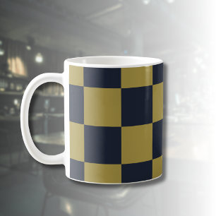 Elegant Gold & Navy Blue Checkered Pattern Coffee Mug