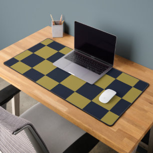 Elegant Gold & Navy Blue Checkered Pattern Desk Mat