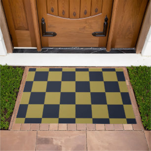 Elegant Gold & Navy Blue Checkered Pattern Doormat