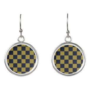 Elegant Gold & Navy Blue Checkered Pattern Earrings