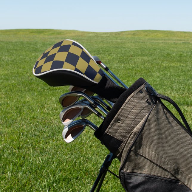 Elegant Gold & Navy Blue Checkered Pattern Golf Head Cover (In Situ)