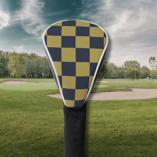Elegant Gold & Navy Blue Checkered Pattern Golf Head Cover