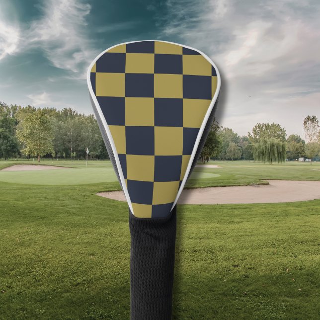Elegant Gold & Navy Blue Checkered Pattern Golf Head Cover (Creator Uploaded)