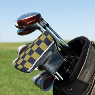 Elegant Gold & Navy Blue Checkered Pattern Golf Head Cover