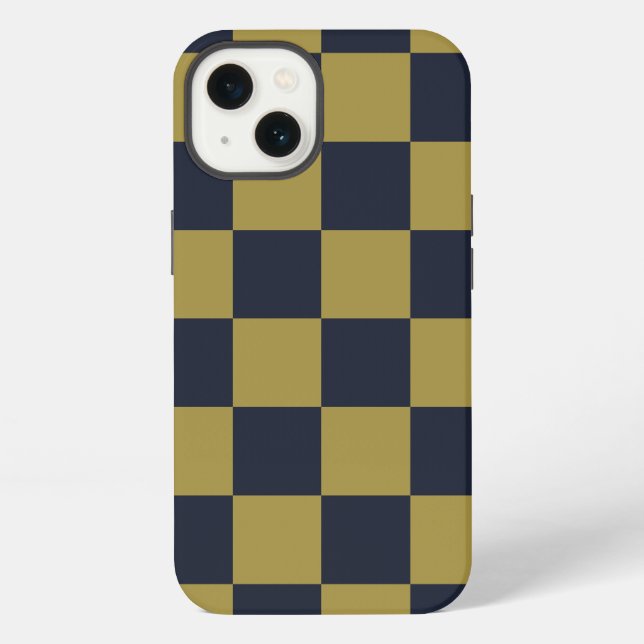 Elegant Gold & Navy Blue Checkered Pattern Iphone Case (Back)