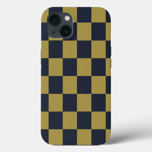 Elegant Gold & Navy Blue Checkered Pattern iPhone 13 Case