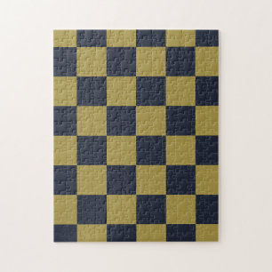 Elegant Gold & Navy Blue Checkered Pattern Jigsaw Puzzle