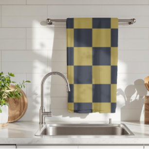 Elegant Gold & Navy Blue Checkered Pattern Kitchen Towel