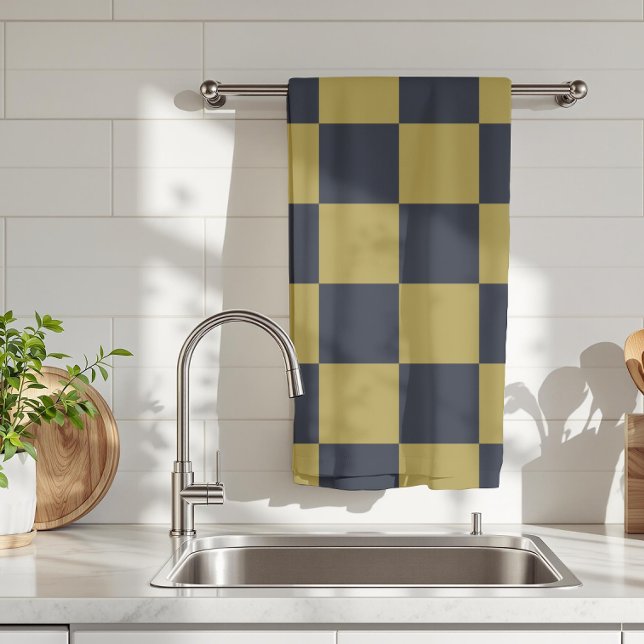 Elegant Gold & Navy Blue Checkered Pattern Kitchen Towel (Creator Uploaded)