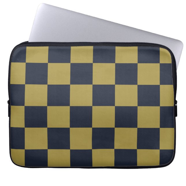 Elegant Gold & Navy Blue Checkered Pattern Laptop Sleeve (Front)