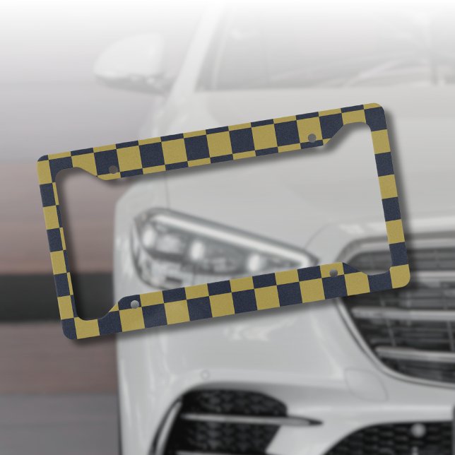 Elegant Gold & Navy Blue Checkered Pattern License Plate Frame (Creator Uploaded)
