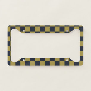 Elegant Gold & Navy Blue Checkered Pattern License Plate Frame