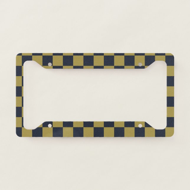Elegant Gold & Navy Blue Checkered Pattern License Plate Frame (Front)