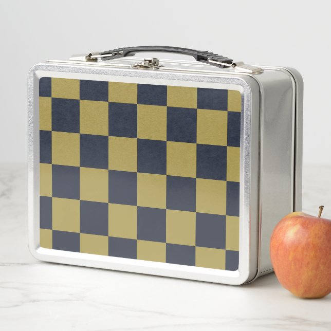 Elegant Gold & Navy Blue Checkered Pattern Metal Lunch Box (In Situ)