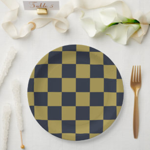 Elegant Gold & Navy Blue Checkered Pattern Paper Plates