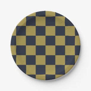 Elegant Gold & Navy Blue Checkered Pattern Paper Plates