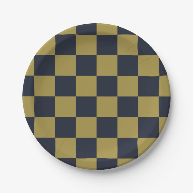 Elegant Gold & Navy Blue Checkered Pattern Paper Plates (Front)