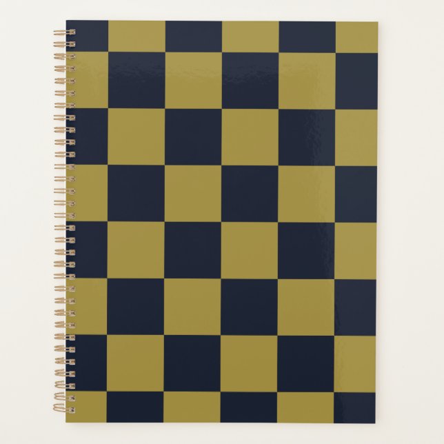 Elegant Gold & Navy Blue Checkered Pattern Planner (Front)