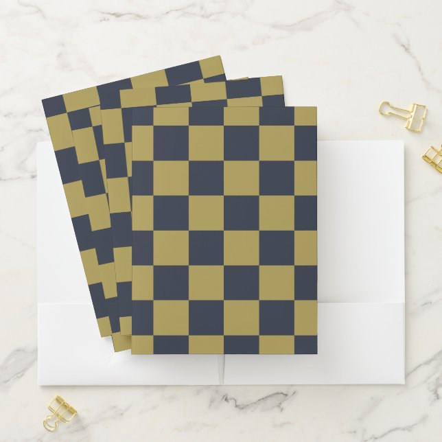 Elegant Gold & Navy Blue Checkered Pattern Pocket Folder (In Situ)