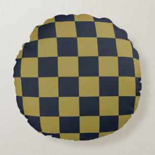 Elegant Gold & Navy Blue Checkered Pattern Round Pillow