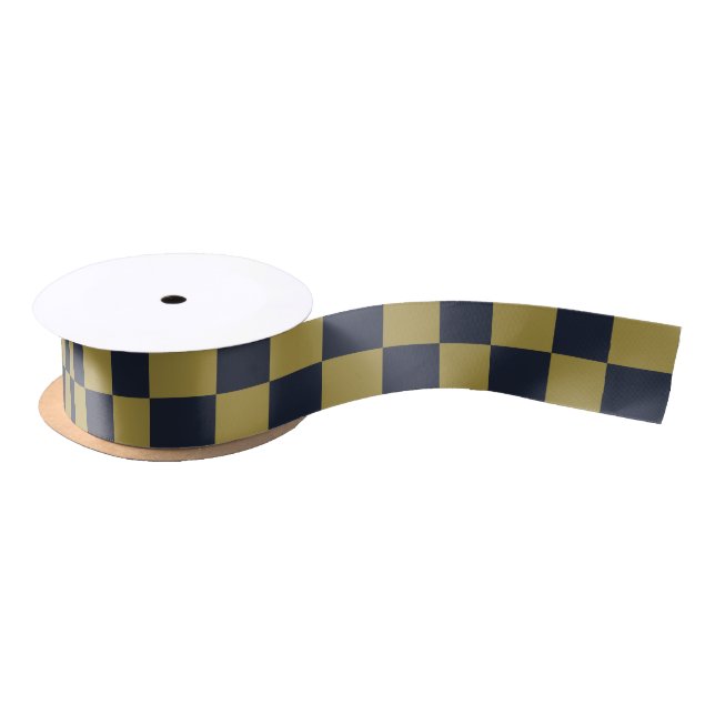 Elegant Gold & Navy Blue Checkered Pattern Satin Ribbon (Spool)