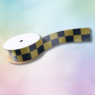 Elegant Gold & Navy Blue Checkered Pattern Satin Ribbon