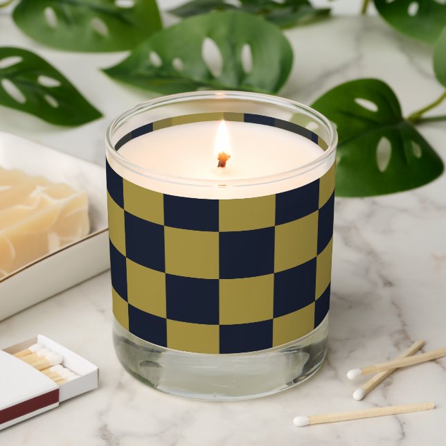Elegant Gold & Navy Blue Checkered Pattern Scented Candle (Lit)