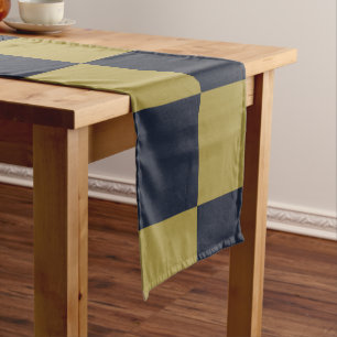 Elegant Gold & Navy Blue Checkered Pattern Short Table Runner