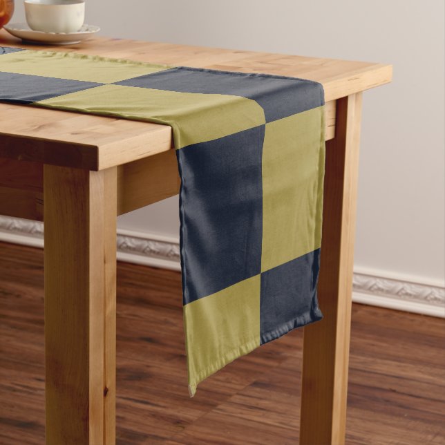 Elegant Gold & Navy Blue Checkered Pattern Short Table Runner (In Situ)